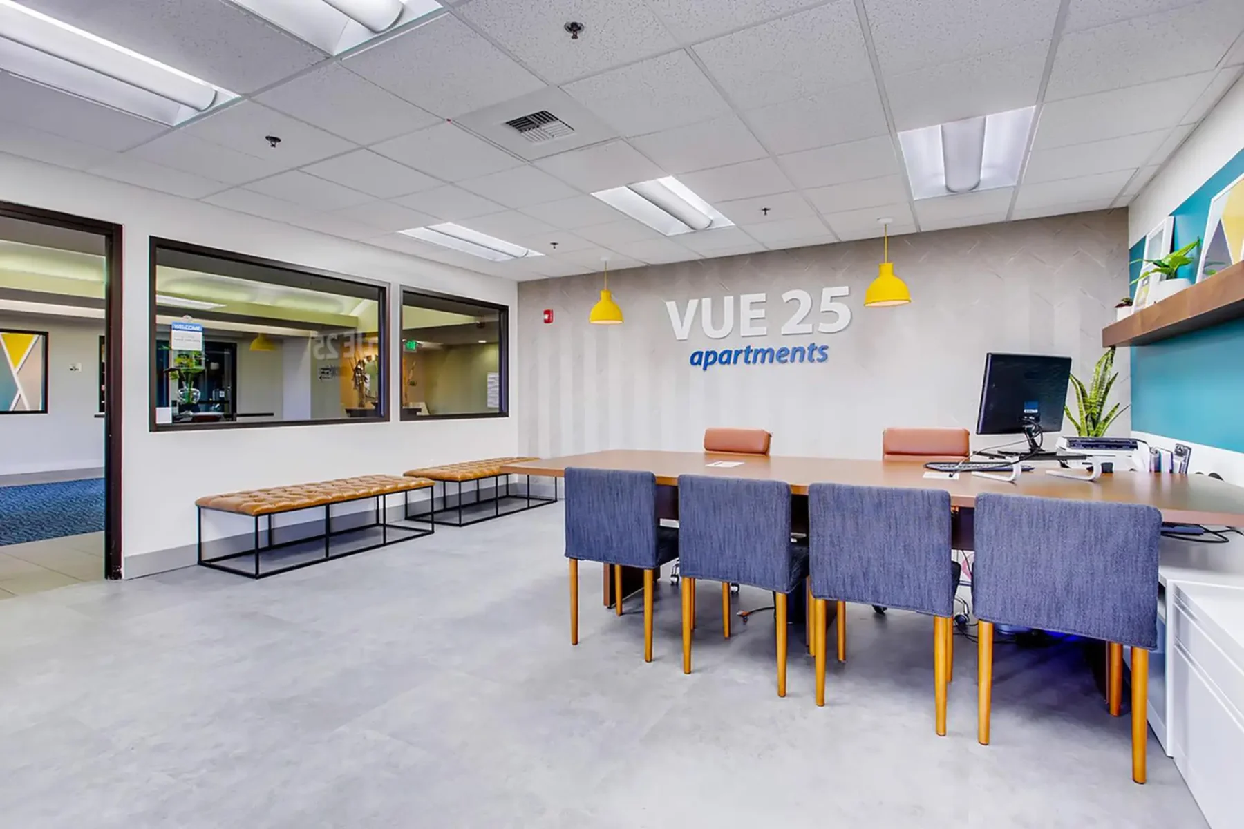 Leasing office reception desk and waiting area