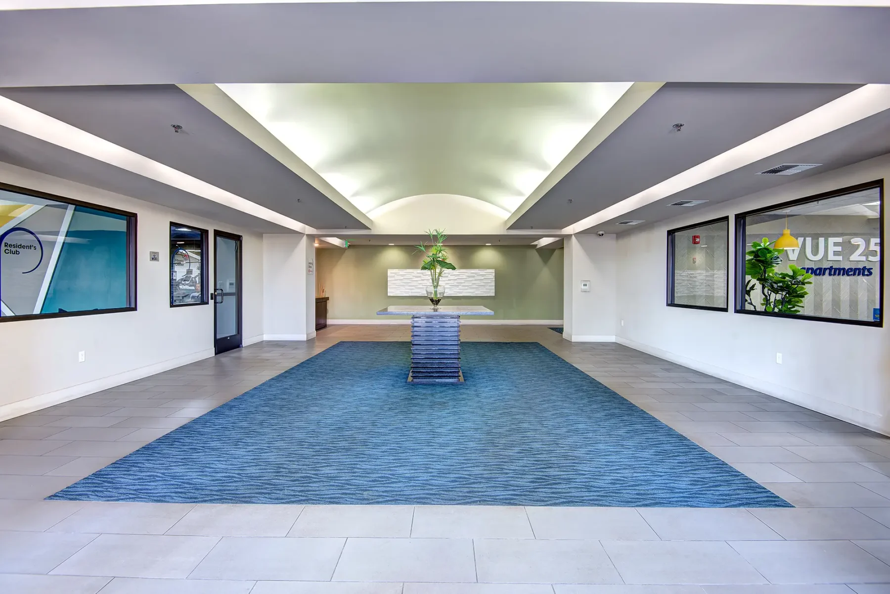 Large lobby area with a small table in the center